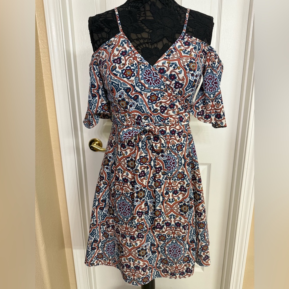Elegant Wrap Multicolor Patterned Dress with cold shoulder.